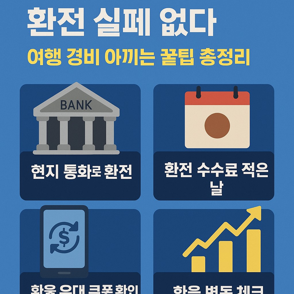 환전 꿀팁 대표 인포그래픽: 환전 실패 없는 여행 경비 절약 전략 요약