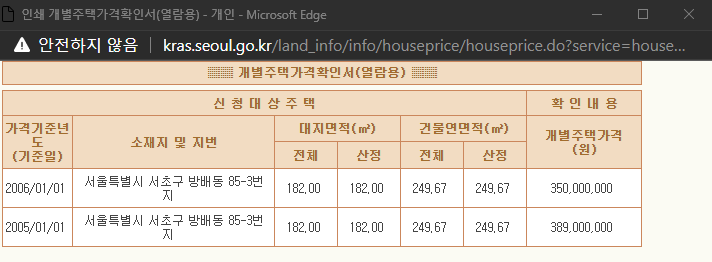 개별 주택 공시가격 열람 조회