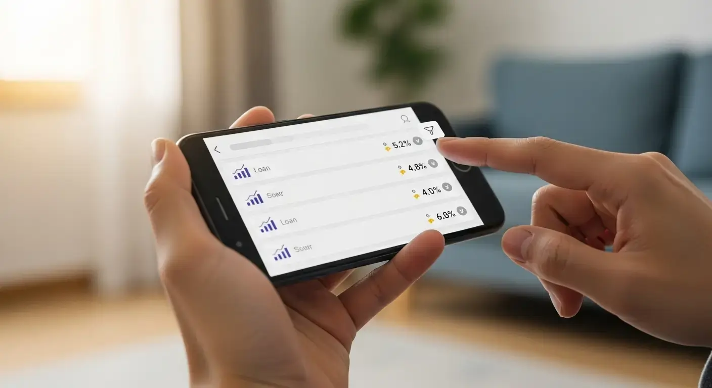 스마트폰 금리비교 앱을 통해 일시적 2주택자에게 유리한 대출 상품을 검색하는 모습