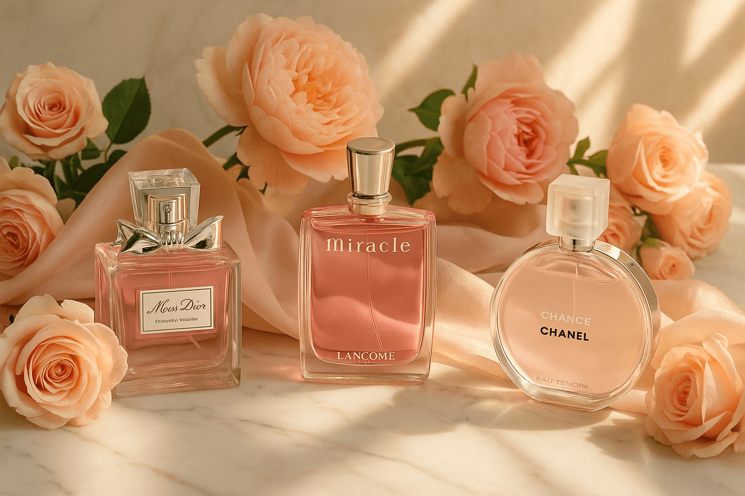 대리석 테이블 위에 놓인 세 가지 여성 향수, 디올 블루밍 부케(핑크 플로럴 보틀), 랑콤 미라클(우아한 핑크 보틀), 샤넬 샹스 오 땅드르(둥근 소프트 핑크 보틀)가 파스텔톤 장미와 작약, 실크 패브릭으로 둘러싸여 있으며 따뜻한 아침 햇살이 비춰 로맨틱하고 우아한 분위기를 자아내는 장면. 소개팅 향수 추천을 상징적으로 표현한 플랫레이 사진.