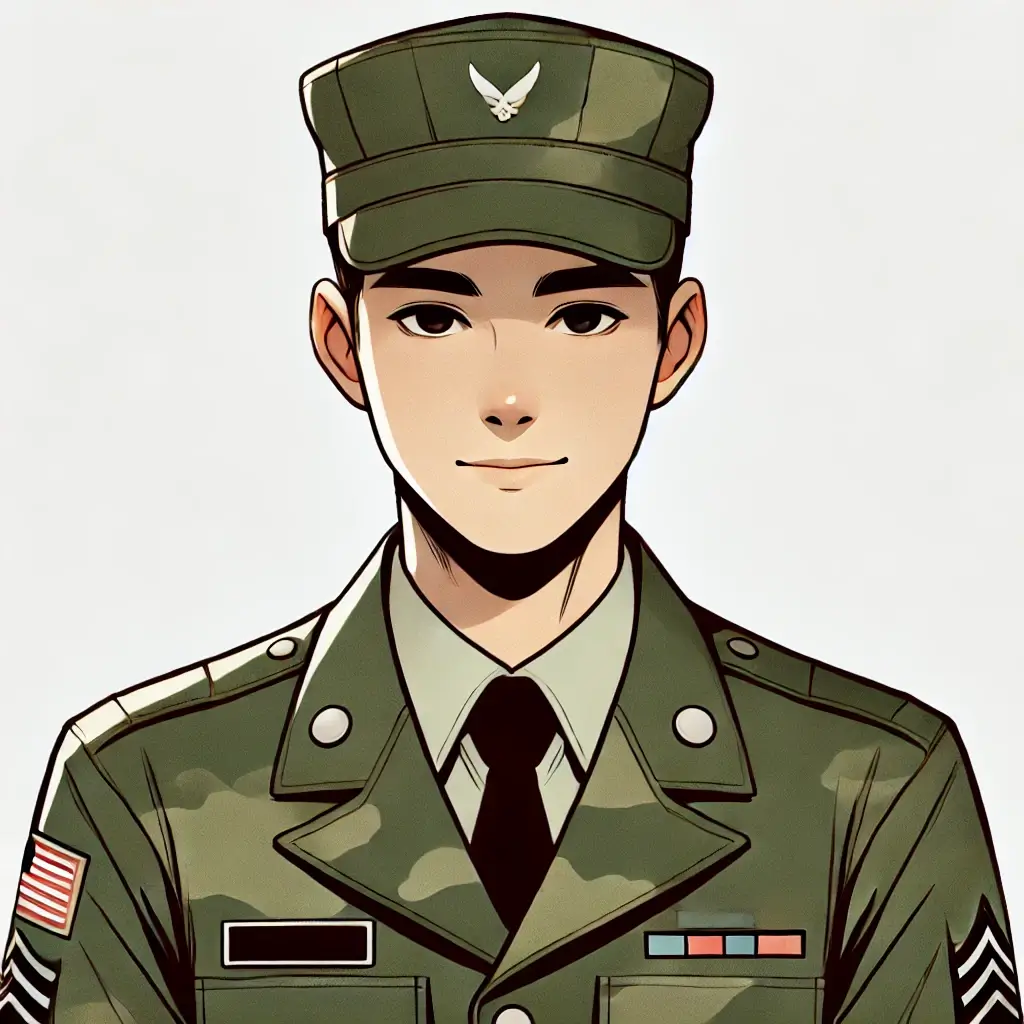 군복을 입은 젊은 군인의 진지한 모습.