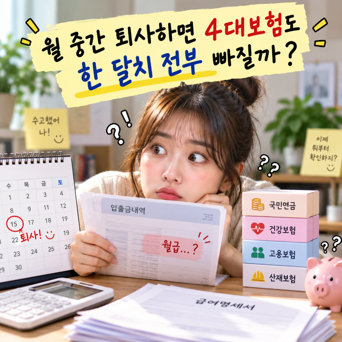 월 중간 퇴사 후 마지막 월급에서 국민연금 건강보험 고용보험 등 4대보험이 한 달치 공제되는지 급여명세서로 확인하는 이미지