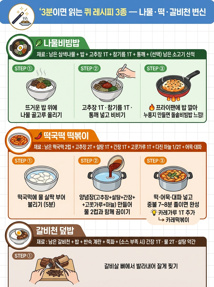 alt="남은 나물비빔밥 떡국떡떡볶이 갈비찜덮밥 퀵레시피 3종 인포그래픽 - 나물비빔밥: 재료 남은 삼색나물 밥 고추장 1큰술 참기름 1큰술 통깨 선택사항 남은 소고기 산적, 조리법 뜨거운 밥 위에 나물 골고루 올리고 고추장 참기름 통깨 넣어 비비기, 프라이팬에 밥 깔아 누룽지 만들면 돌솥비빔밥 느낌 / 떡국떡떡볶이: 재료 남은 떡국떡 2컵 고추장 2큰술 설탕 1큰술 간장 1큰술 고춧가루 1큰술 다진 마늘 반큰술 어묵 대파, 조리법 떡국떡에 물 살짝 부어 5분 불리기, 양념장 만들어 물 2컵과 함께 끓이기, 떡 어묵 대파 넣고 중불 7~8분 졸이면 완성, 팁: 카레가루 1큰술 추가하면 카레떡볶이 / 갈비찜덮밥: 재료 남은 갈비찜 밥 반숙 계란 쪽파 소스 부족시 간장 1큰술 물 2큰술 설탕 약간, 조리법 갈비살 뼈에서 발라내어 잘게 찢고 남은 소스 필요시 간장 물 설탕 넣고 자작하게 졸이기, 밥 위에 올리고 반숙 계란 프라이와 채썬 쪽파 마무리, 모든 재료는 냉장 2일 이내 또는 냉동 해동 후 사용 권장, 출처 네이버 블로그 만개의레시피 농촌진흥청"