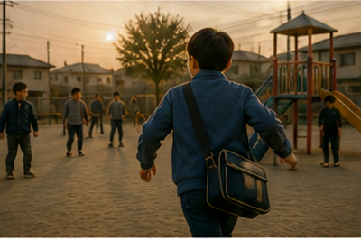 해 질 무렵 놀이터에서 책가방을 멘 아이가 친구들을 뒤로하고 걸어가는 모습