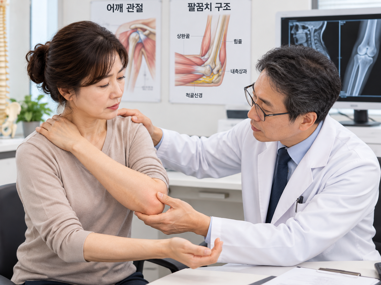 진료실에서 의사가 중년 환자의 팔꿈치와 어깨 통증을 확인하는 모습