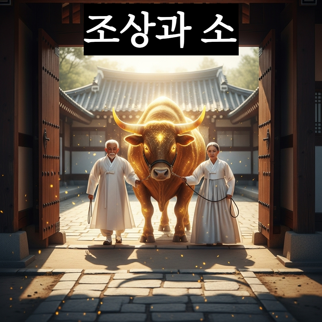 인자한 미소의 조상님들이 황금빛 황소를 이끌고 전통 한옥의 대문을 열고 들어오는 축복 가득한 일러스트