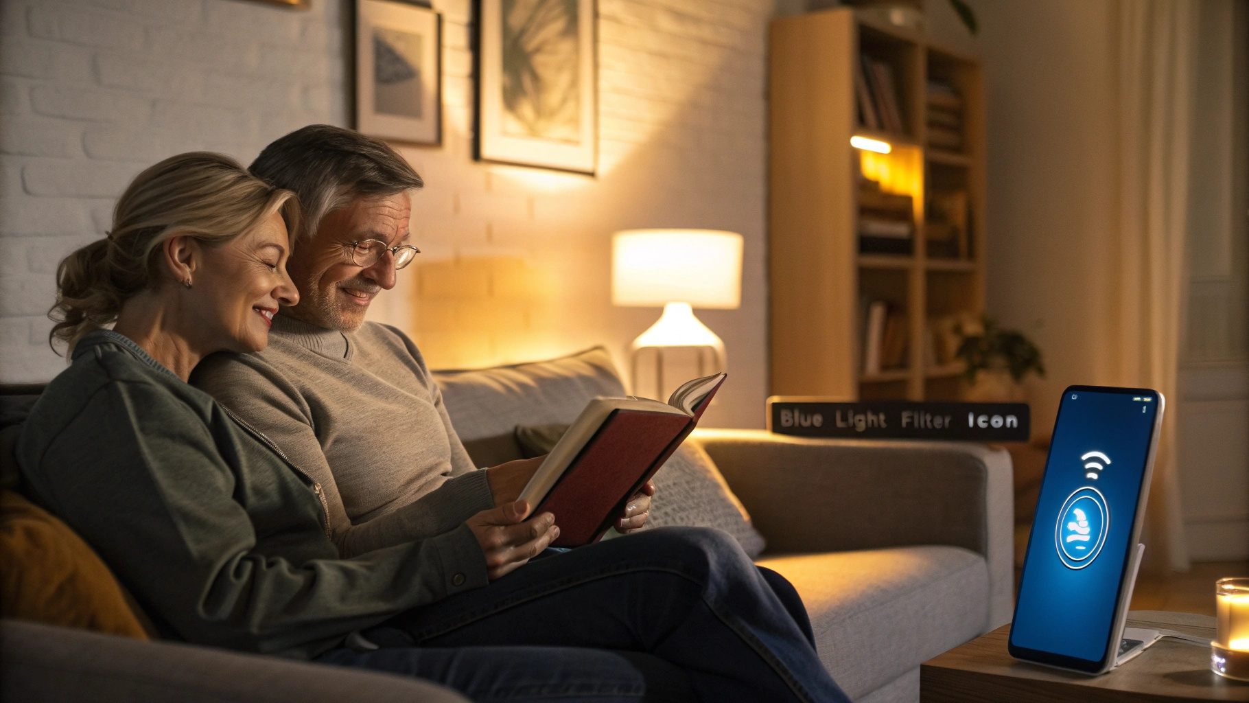 잠이 오지 않아서 거실에서 책을 읽고 있는 중년 부부의 모습