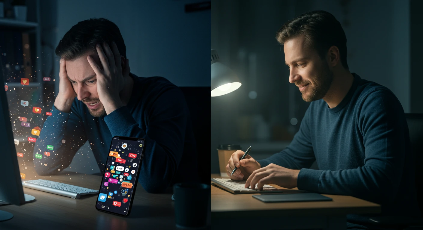 화려한 배경화면 앞에서 스트레스받는 남성과 미니멀 배경화면 앞에서 집중하는 남성을 비교하는 이미지. 스마트폰 배경화면이 생산성에 미치는 영향을 보여줍니다.