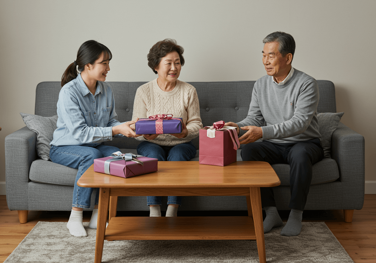 추석 명절 분위기 속에서 가족이 함께 모여 선물세트를 나누는 따뜻한 장면