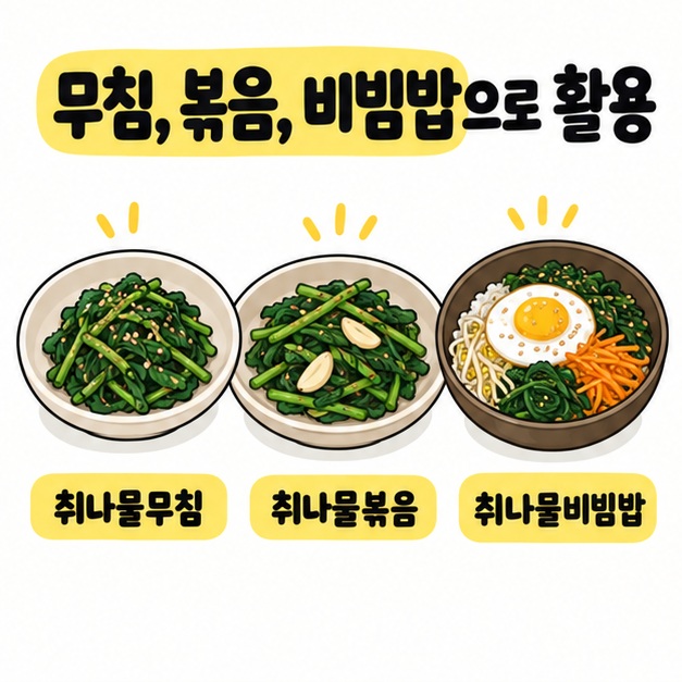 취나물무침, 취나물볶음, 취나물비빔밥을 보여주는 요리 그림