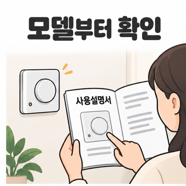 모델부터 확인 제목 아래 벽면 온도조절기와 사용설명서의 제품 그림을 비교하는 사람
