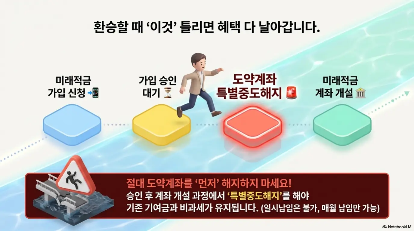 청년미래적금 가입조건: 청년도약계좌 갈아타기의 올바른 순서를 징검다리로 보여주는 이미지. 미래적금 가입 신청과 가입 승인 대기 후 계좌 개설 과정에서 도약계좌를 특별중도해지해야 하며 도약계좌를 먼저 해지하면 기존 기여금과 비과세 혜택을 잃게 되고 일시납입은 불가하며 매월 납입만 가능함을 경고한다.