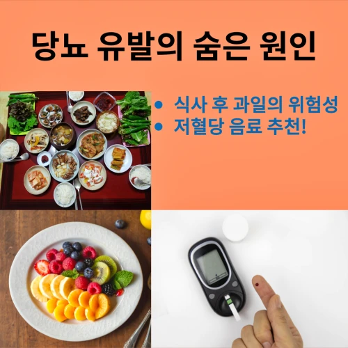 당뇨 유발의 숨은 원인은 식후에 먹는 과일 때문일 수 있습니다. 썸네일 사진은 식사, 과일, 당체크하는 그림이 순서대로 보입니다.