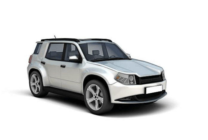 흰색 소형 SUV 차량의 3D 렌더링 이미지&amp;#44; 흰 배경 위에 정면 45도 각도로 배치됨&rdquo;