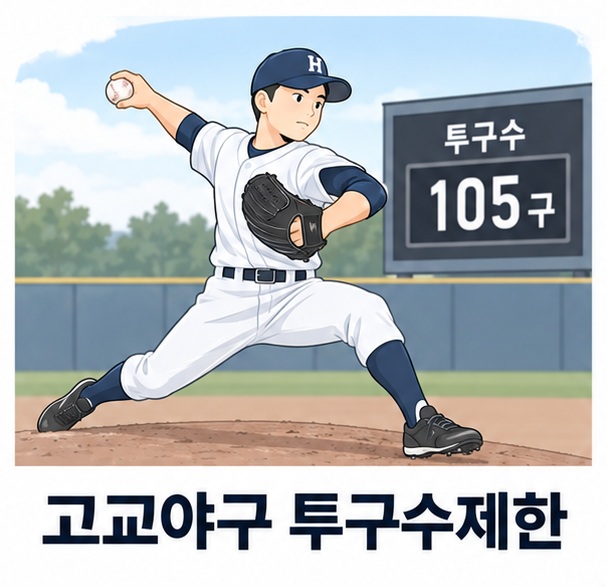 고교야구 투구수제한과 투수의 하루 최대 105구 규정을 보여주는 야구 안내 이미지