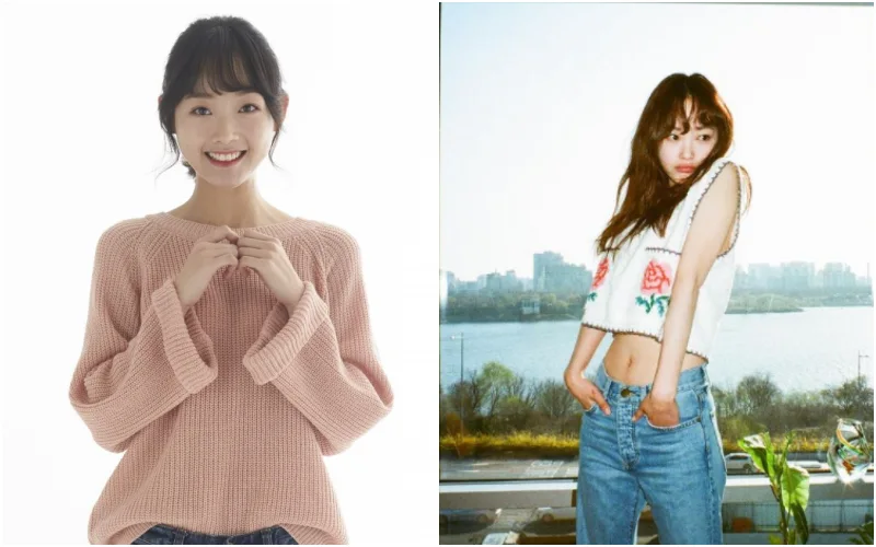 분홍색 티와 청바지를 입고 서 있는 슬림한 체형의 이유미