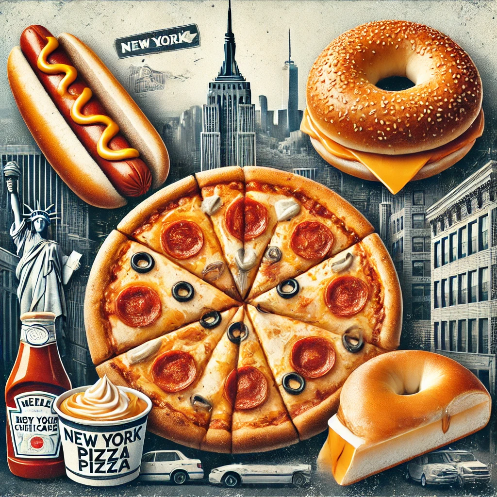 뉴욕 대표 음식들 – 피자, 핫도그, 베이글, 치즈케이크 등을 한눈에 보여주는 콜라주 이미지