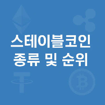 스테이블코인 종류와 순위를 주제로 중앙에 흰색 텍스트가 배치되고, 이더리움·리플·테더·비트코인 아이콘이 배경에 흐릿하게 배치된 인포그래픽 스타일 이미지