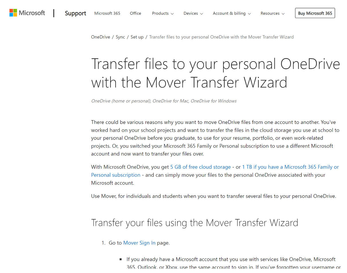 마이크로소프트 Microsoft에 소개된 mover trasfer wizar