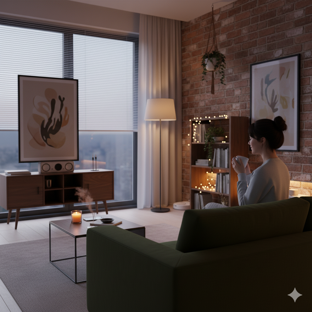 따뜻한 조명 아래, 퇴근 후 소파에 앉아 차 한 잔을 마시며 편안히 휴식 중인 사람의 모습 (이미지 생성:google)
