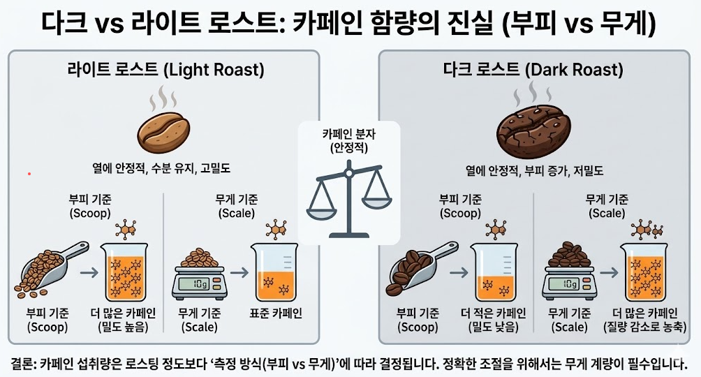 로스팅 공학이 증명하는 밀도와 질량의 반전 비교표.