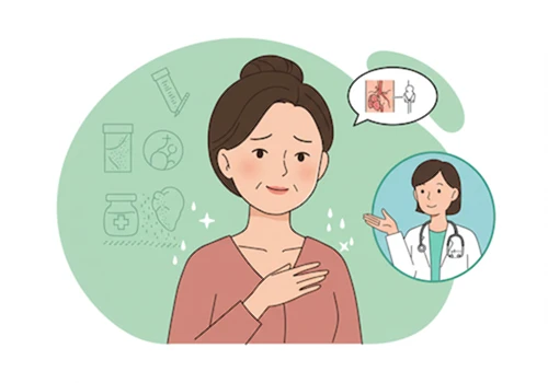 폐경기 위축성 질염 및 전문가 상담의 중요성을 나타내는 중년 여성과 의료진 아이콘의 벡터 아트 일러스트레이션