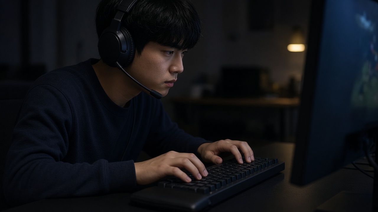 밤에 헤드셋을 쓴 20대 한국인 남성이 텐키리스 키보드로 PC 게임에 집중하는 모습