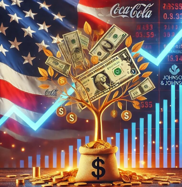 미국 국기와 주식 차트 배경 그리고 달러 나무에서 돈이 열리는 그림