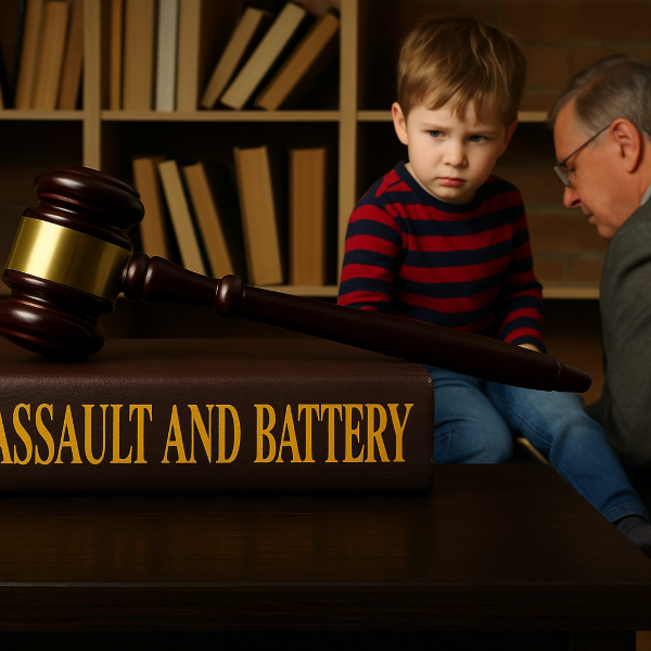 법률 서적 위에 판사봉이 놓여 있고, 뒷배경에는 심각한 표정의 다섯살 어린아이와 어른 남성이 대화를 나누는 장면. 미국 불법행위법 ‘Assault and Battery’ 판례를 상징적으로 표현한 구성.