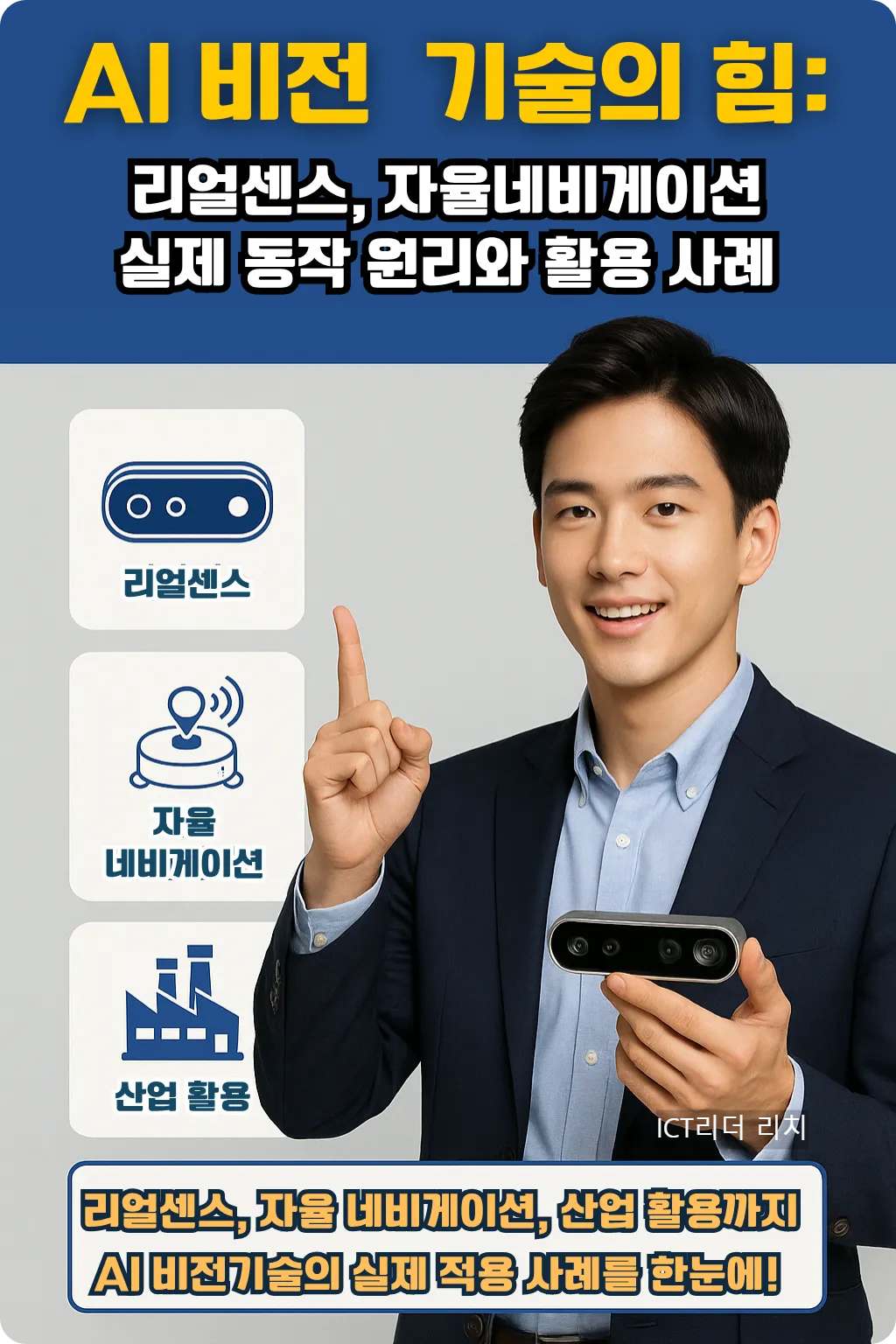 정장을 입은 20대 남성이 리얼센스 카메라를 손에 들고 AI 비전 기술 아이콘들을 가리키는 모습