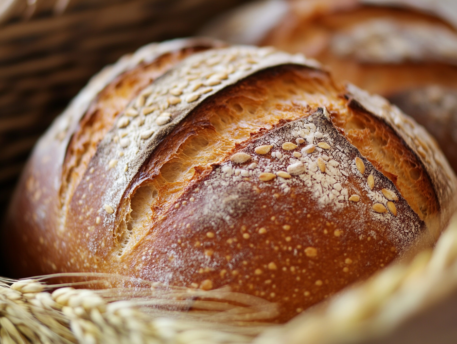 이 사진은 갓 구운 빵을 클로즈업한 이미지입니다. 빵의 겉면은 바삭하고 갈색으로 잘 구워졌으며, 크러스트 위에는 밀가루가 살짝 뿌려져 있고, 일부에는 씨앗이 박혀 있습니다. 표면이 갈라져 바삭한 질감이 강조되었으며, 내부는 부드럽고 폭신해 보입니다