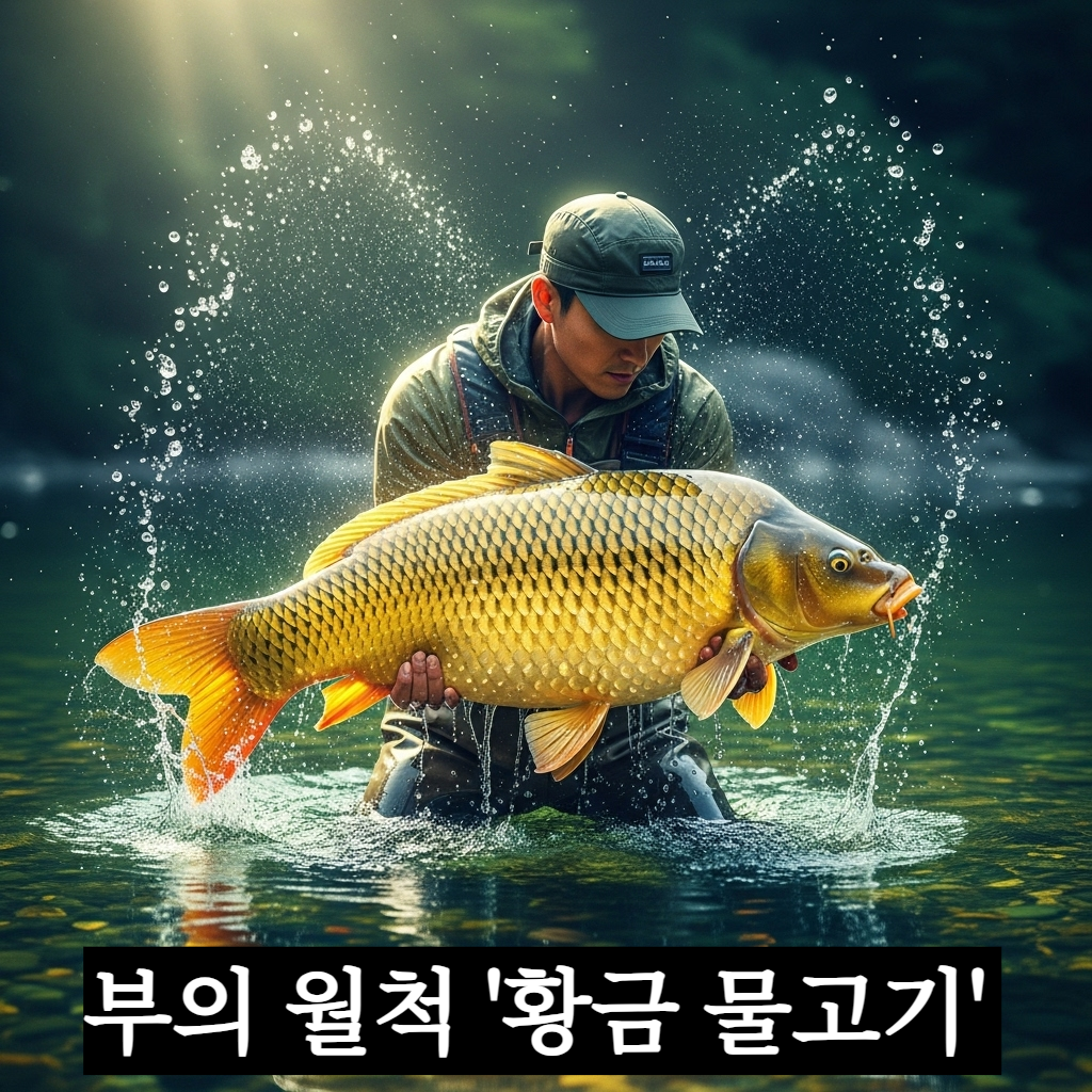 에메랄드빛 맑은 강물 속에서 눈부시게 빛나는 거대한 황금 잉어를 한 한국인 남성이 맨손으로 힘차게 낚아 올리는 장엄하고 신비로운 분위기의 일러스트