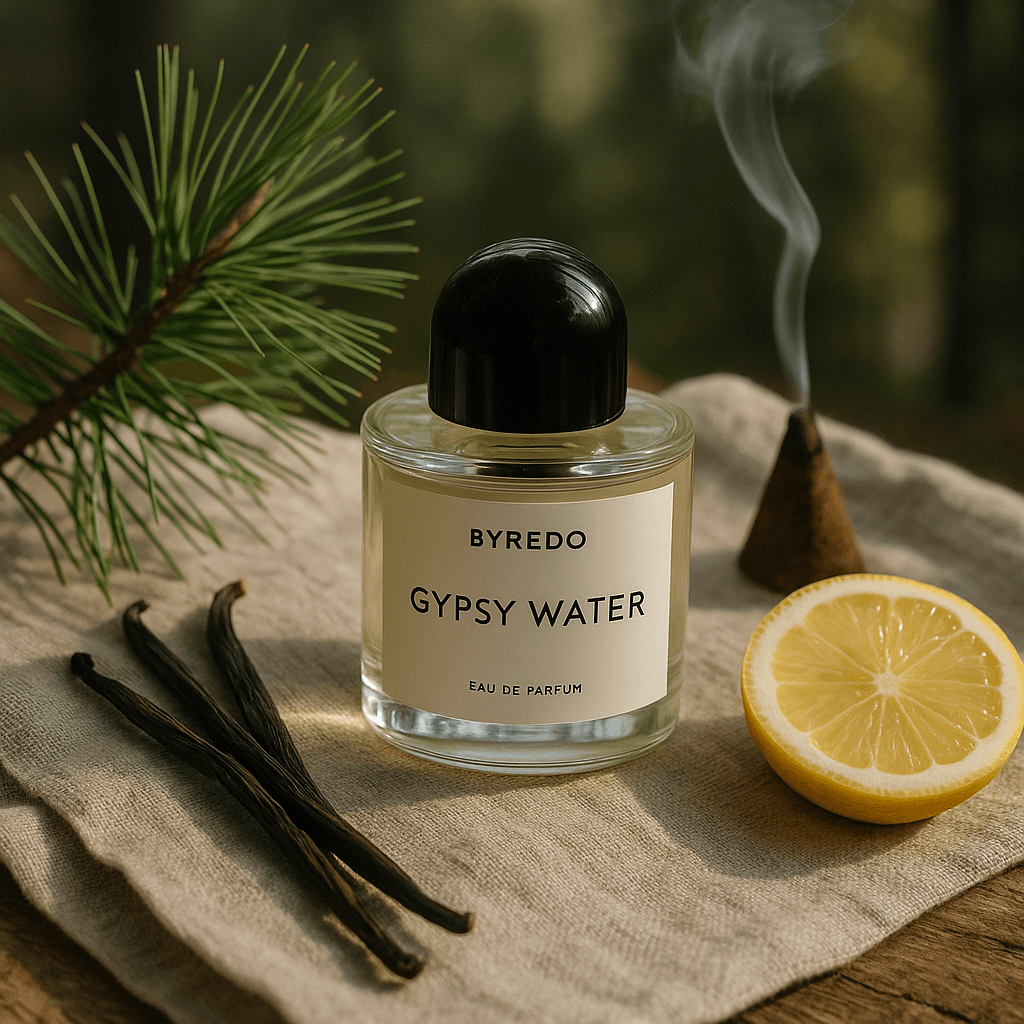 바이레도 집시워터 향수 100ml 제품이 베이지색 천 위에 놓여 있으며, 옆에는 솔잎, 말린 바닐라 콩, 레몬 조각과 함께 은은하게 피어오르는 인센스 향이 어우러져 있다. 자연광 아래에서 따뜻하고 고요한 보헤미안 무드를 자아내는 이미지