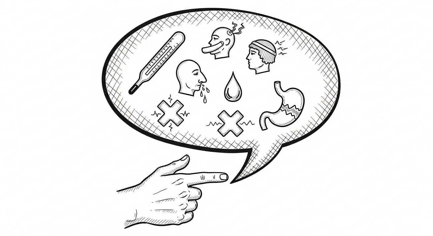 다양한 건강 증상 아이콘과 질문하는 손