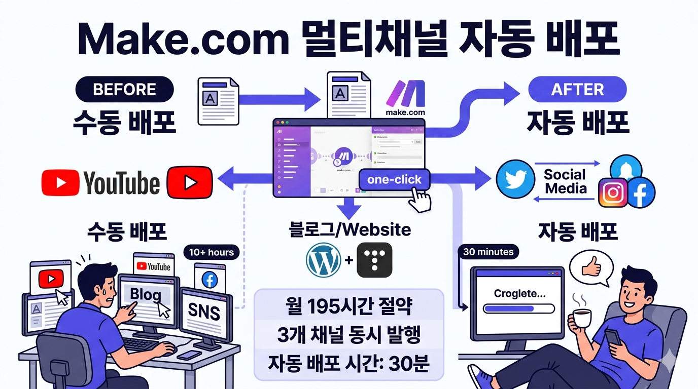 Make.com 자동화 - 블로그 유튜브 SNS 3개 채널 동시 발행으로 월 195시간 절약하는 멀티채널 콘텐츠 배포 시스템