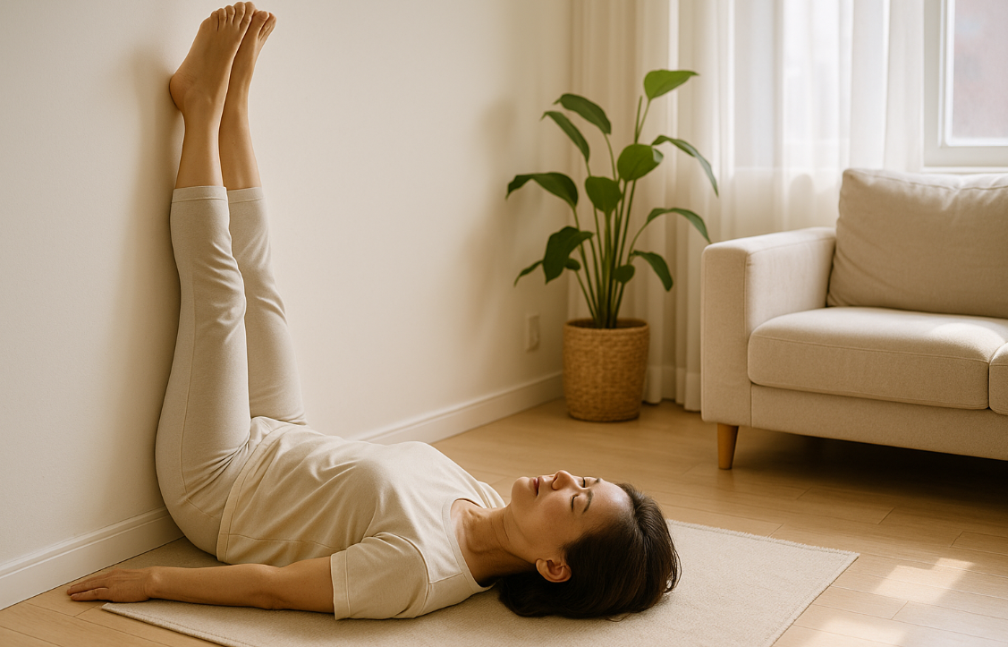 벽 다리 올리기 스트레칭 중인 중년 여성의 모습