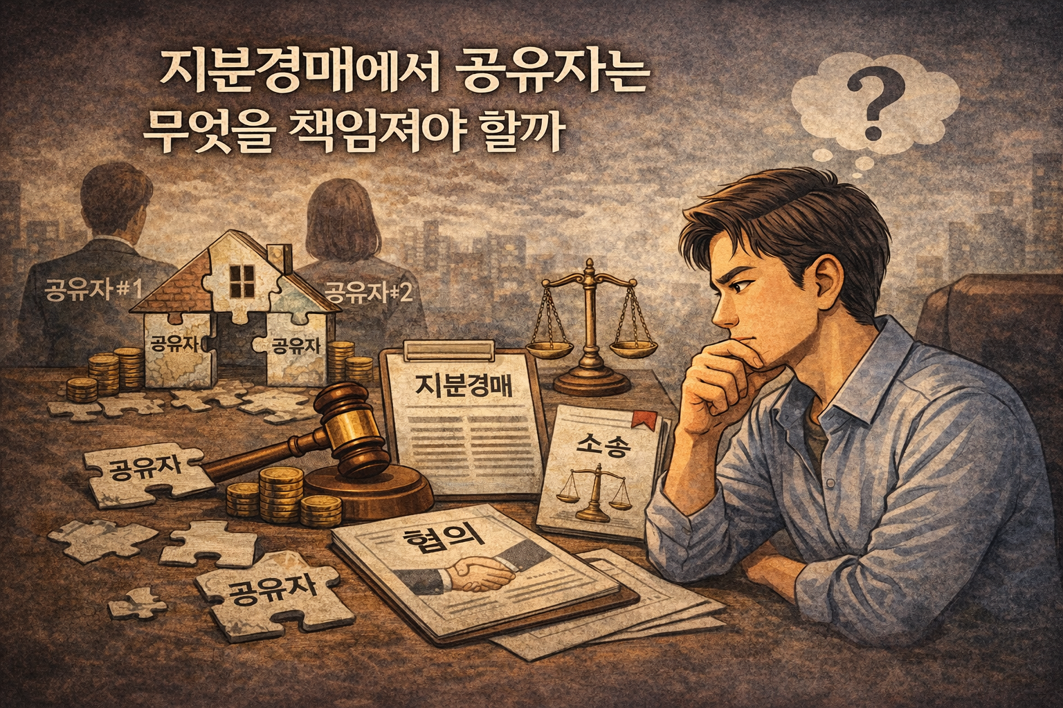 지분경매 물건을 앞에 두고 공유자 관계와 책임을 고민하는 모습과 퍼즐처럼 나뉜 주택 이미지가 함께 있는 대표 이미지