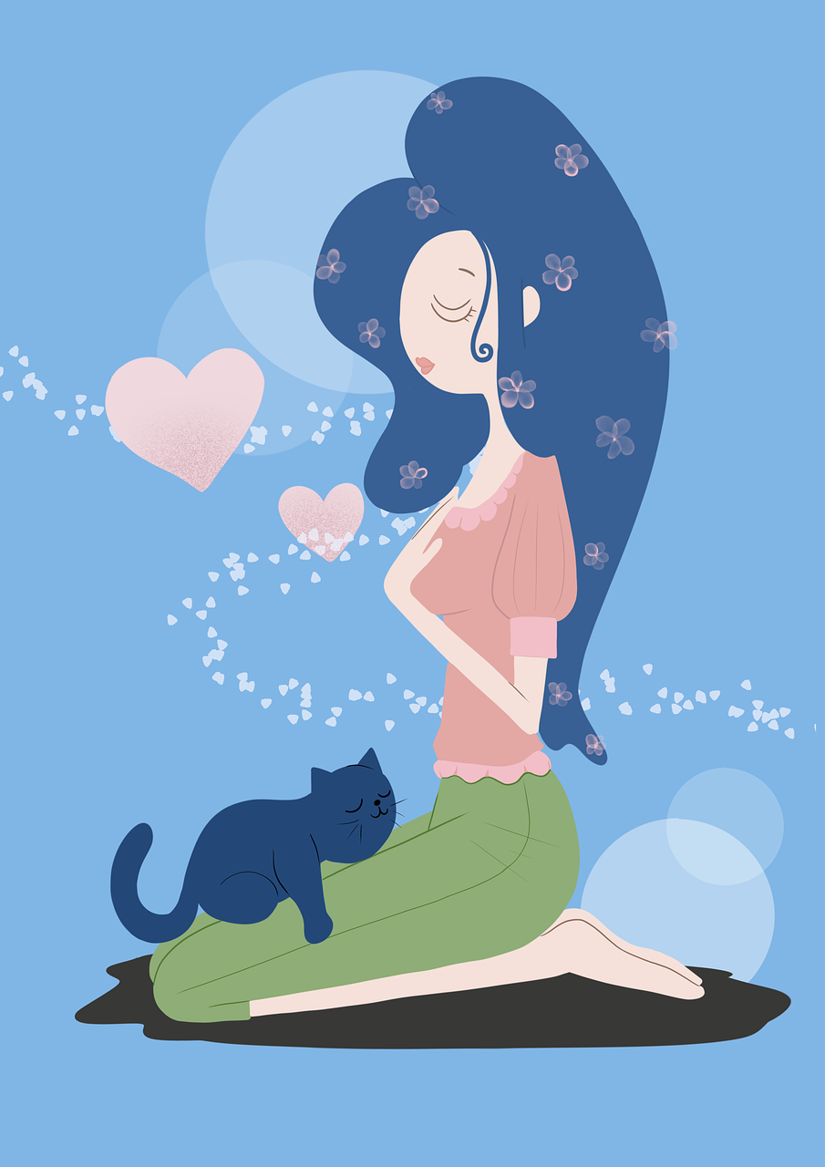 A girl with flowers meditating with a cat on her lap