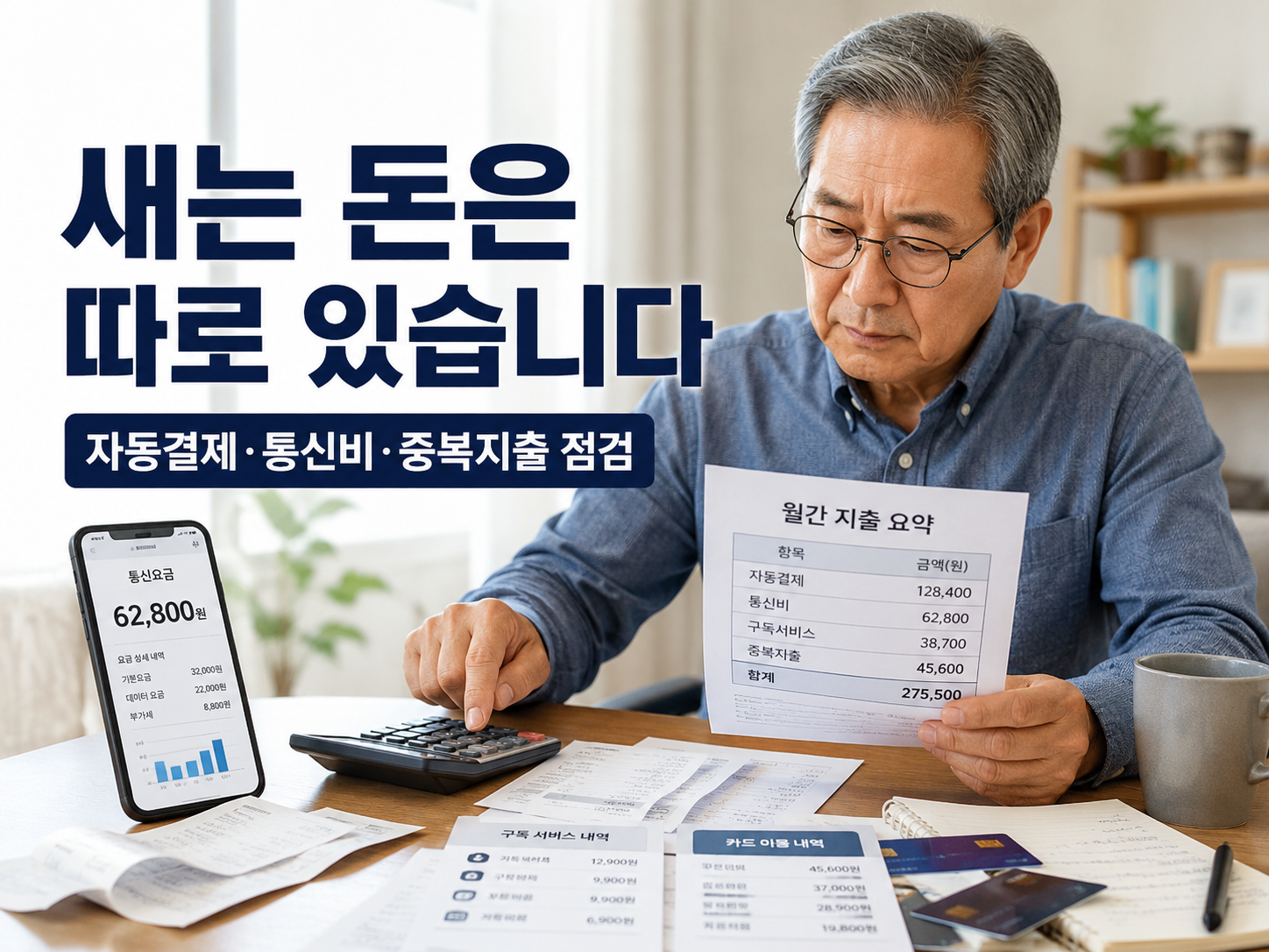 60대 남성이 AI 생활비 분석표를 보며 자동결제와 통신비 등 줄일 수 있는 지출 항목을 확인하는 모습
