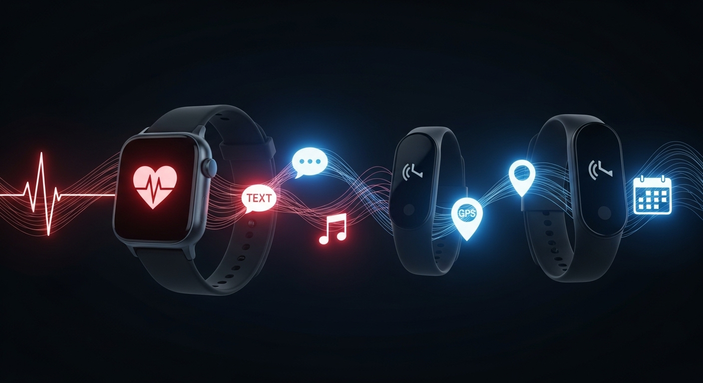 스마트워치와 헬스 트래커의 다양한 핵심 기능을 아이콘으로 비교하는 이미지.