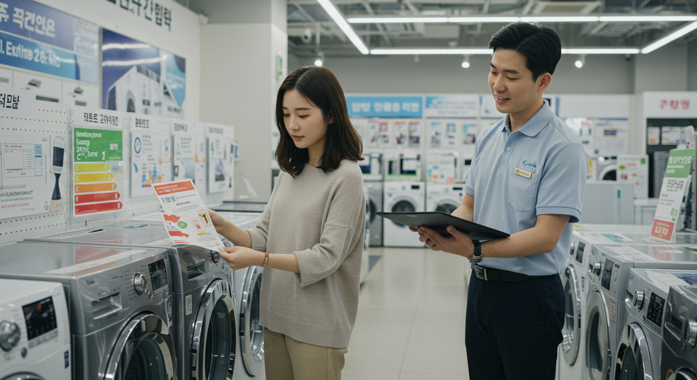 냉장고&middot;세탁기 환급에대해 궁금해하는 구매예정자의 모습