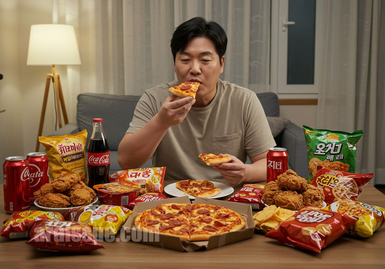 피자, 치킨, 라면 등이 놓인 탁자에서 야식 중인 50대 남성
