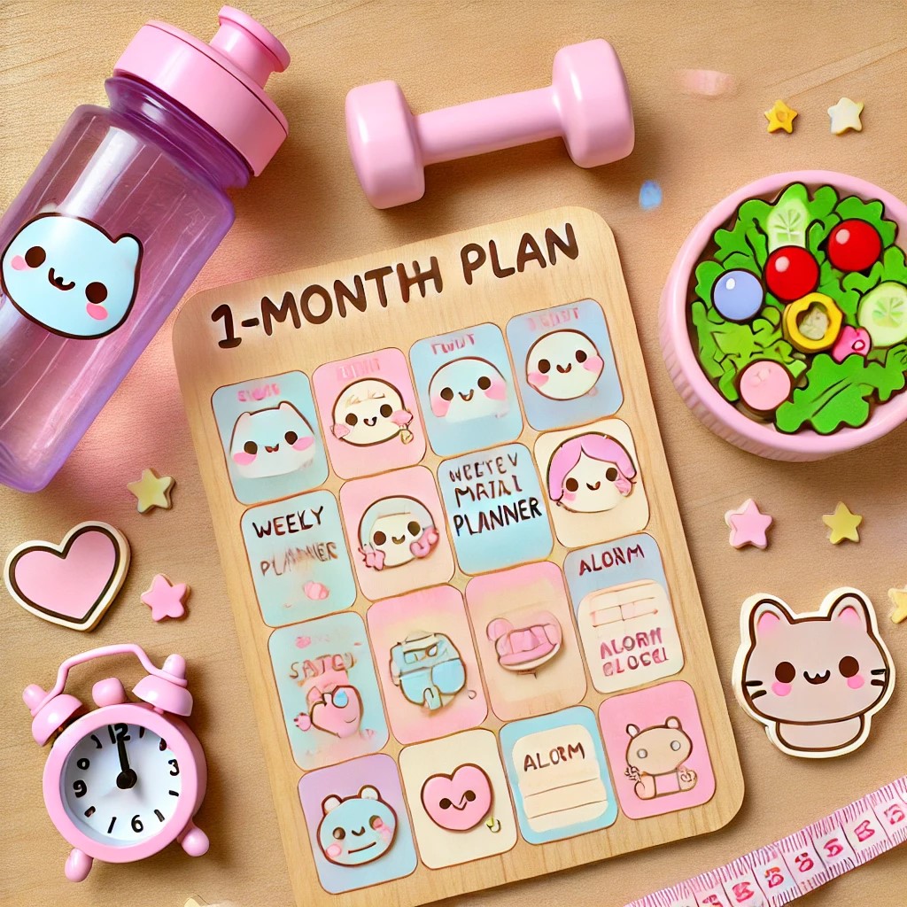 다이어리, 물병, 샐러드 사진, 다이어트 계획표