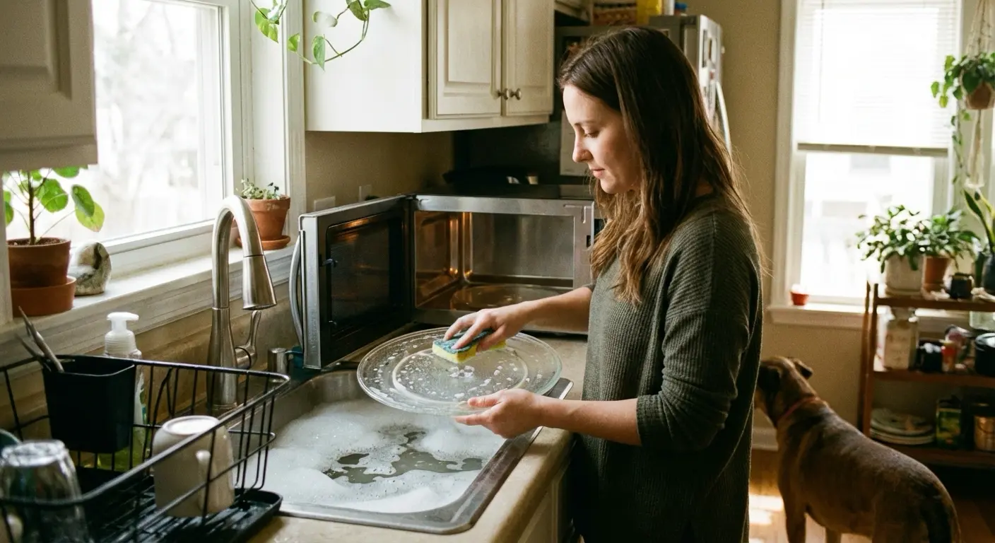 전자레인지 회전판 청소 모습