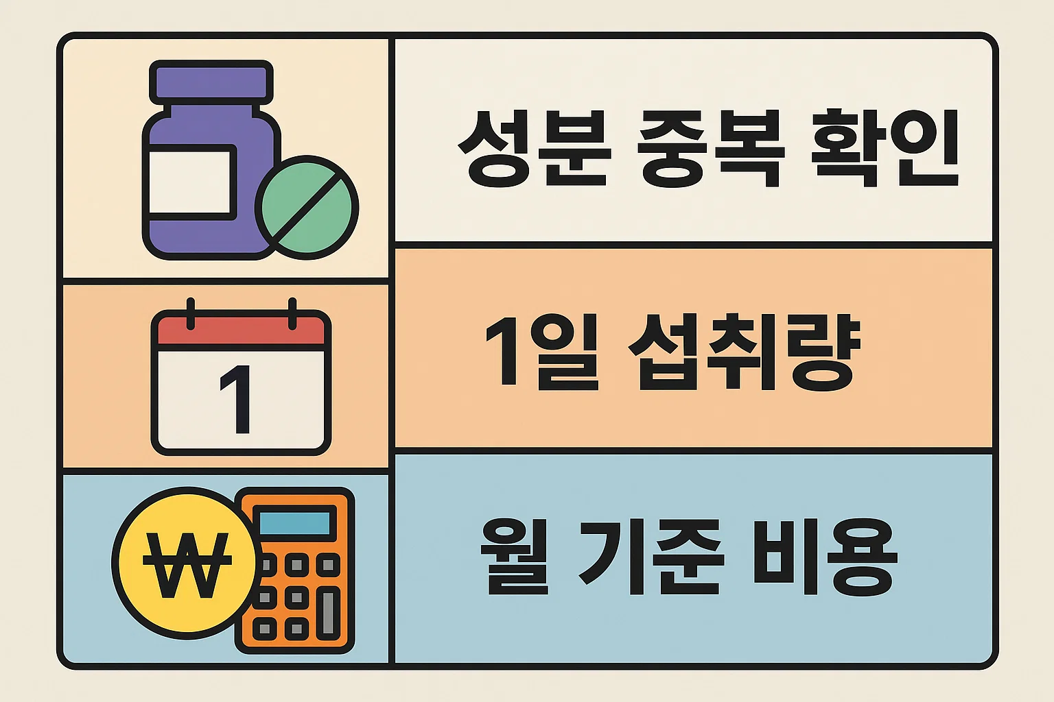 종합비타민 순위 비교 전에 성분 중복 여부, 1일 섭취량, 월 기준 비용 등 핵심 체크포인트를 정리한 이미지입니다