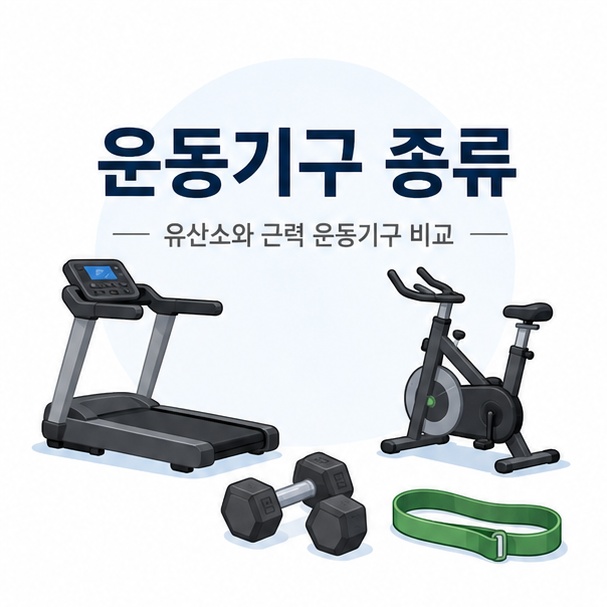 러닝머신과 실내자전거, 덤벨과 저항 밴드 등 대표적인 운동기구 종류를 한눈에 보여주는 이미지
