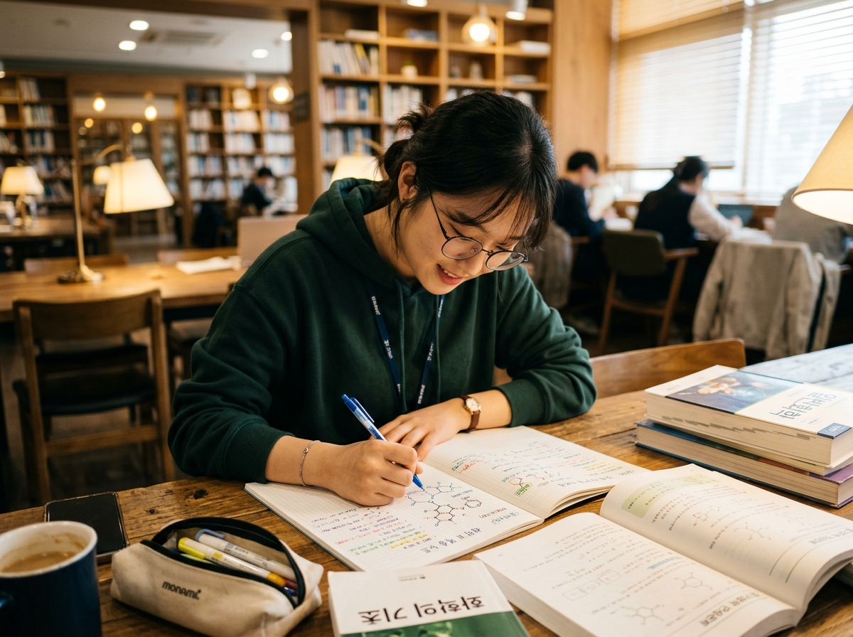 과학 개념을 직접 정리하며 복습하는 학생