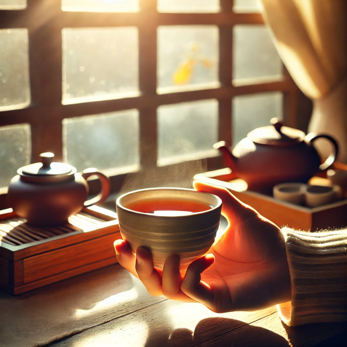 창가에서 여유롭게 차를 마시는 손의 클로즈업