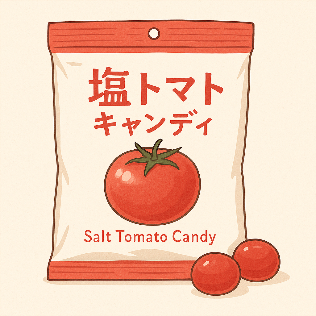 일본 키토제과의 시오토마토 캔디 일러스트 이미지. 토마토 그림이 크게 그려진 사탕 봉지가 중심에 있고, 봉지 아래에는 붉은 토마토 사탕 두 알이 함께 놓여 있음. 패키지에는 ‘塩トマトキャンディ’라는 일본어 문구와 ‘Salt Tomato Candy’라는 영문 표기가 포함되어 있음.”
