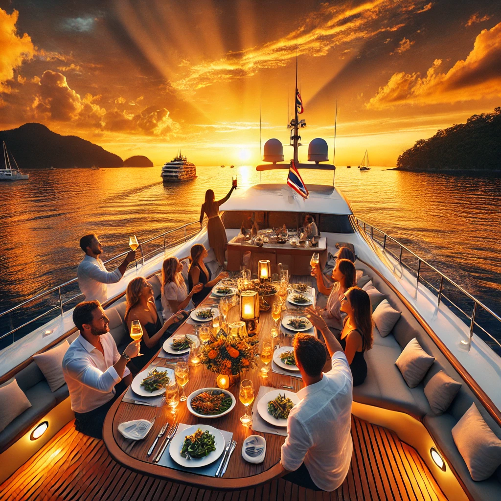 푸켓 바다 위에서 선셋 크루즈를 타며 저녁을 즐기는 장면